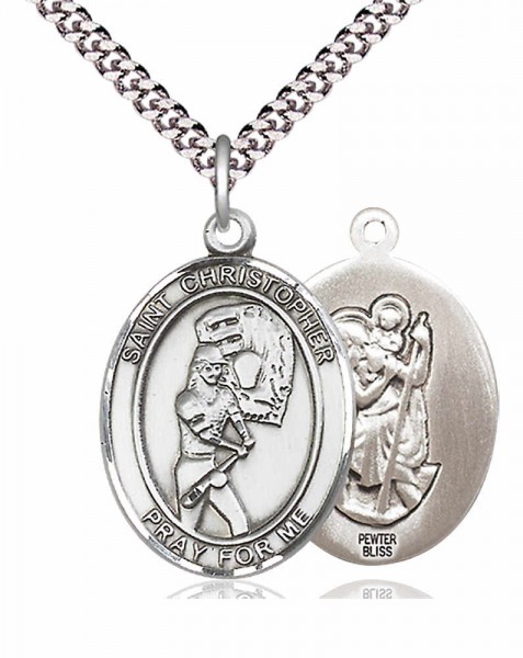 Women's Pewter Oval St. Christopher Softball Medal - 24&quot; 2.4mm Rhodium Plate Chain + Clasp