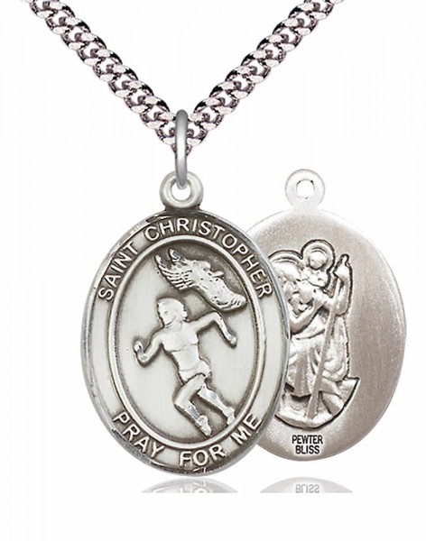 Women's Pewter Oval St. Christopher Track and Field Medal - 24&quot; 2.4mm Rhodium Plate Chain + Clasp
