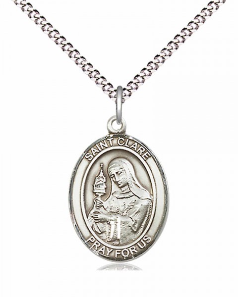 Women's Pewter Oval St. Clare of Assisi Medal - 18&quot; Rhodium Plated Medium Chain + Clasp
