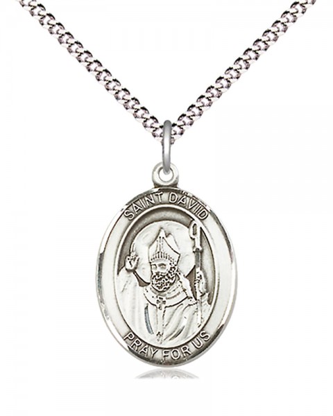 Women's Pewter Oval St. David of Wales Medal - 18&quot; Rhodium Plated Medium Chain + Clasp