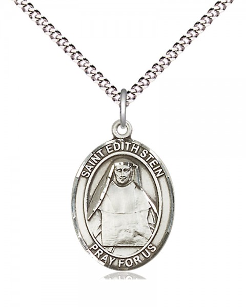 Women's Pewter Oval St. Edith Stein Medal - 18&quot; Rhodium Plated Medium Chain + Clasp