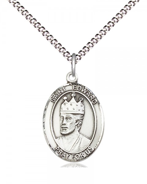 Women's Pewter Oval St. Edward the Confessor Medal - 18&quot; Rhodium Plated Heavy Chain + Clasp