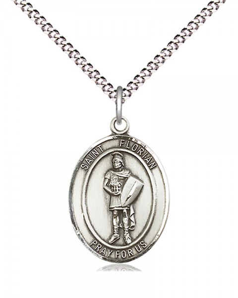 Women's Pewter Oval St. Florian Medal - 18&quot; Rhodium Plated Medium Chain + Clasp