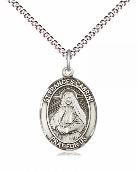 Women's Pewter Oval St. Frances Cabrini Medal - 18&quot; Rhodium Plated Heavy Chain + Clasp