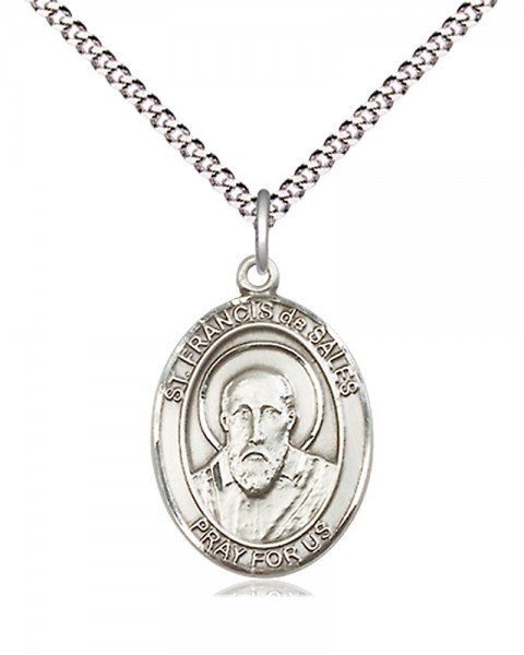 Women's Pewter Oval St. Francis De Sales Medal - 18&quot; Rhodium Plated Medium Chain + Clasp