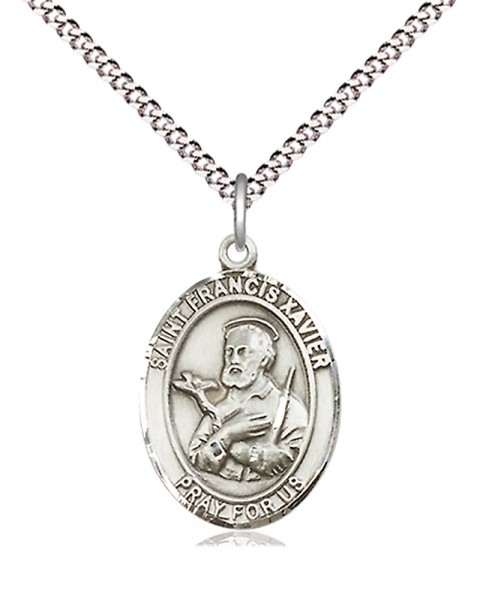 Women's Pewter Oval St. Francis Xavier Medal - 18&quot; Rhodium Plated Medium Chain + Clasp