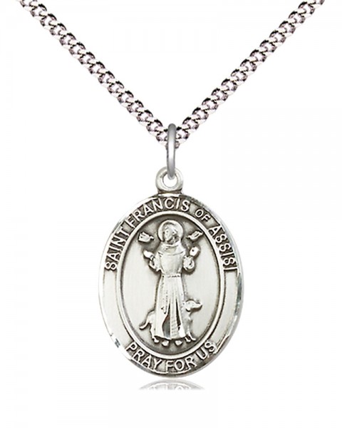 Women's Pewter Oval St. Francis of Assisi Medal - 18&quot; Rhodium Plated Medium Chain + Clasp