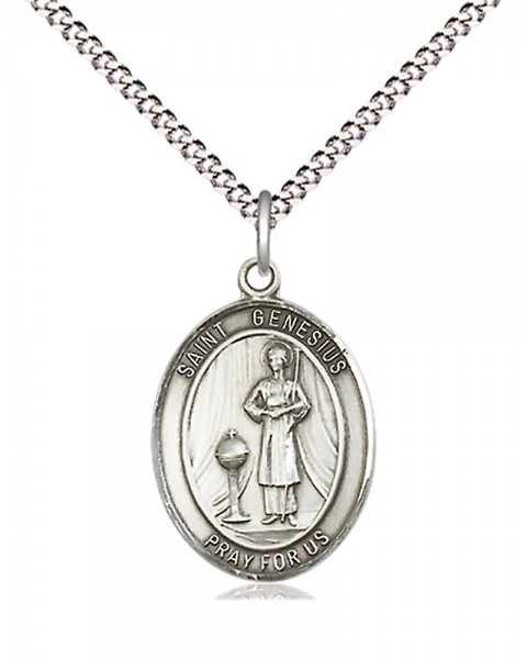 Women's Pewter Oval St. Genesius of Rome Medal - 18&quot; Rhodium Plated Medium Chain + Clasp