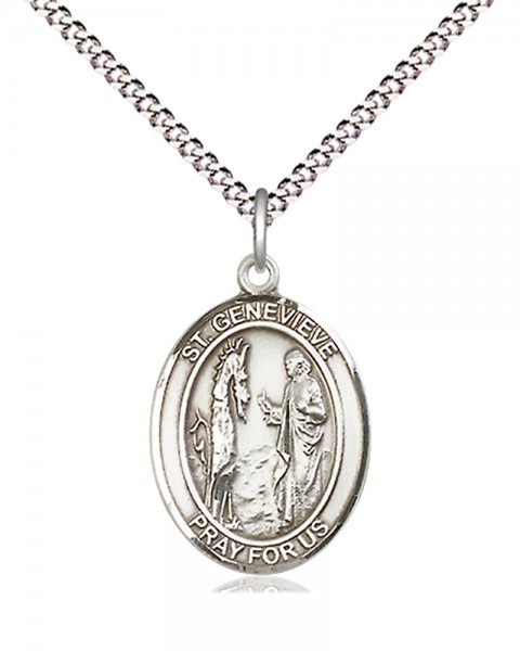 Women's Pewter Oval St. Genevieve Medal - 18&quot; Rhodium Plated Medium Chain + Clasp