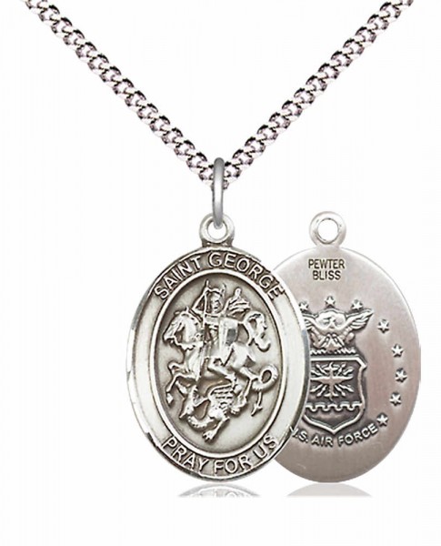 Women's Pewter Oval St. George Air Force Medal - 18&quot; Rhodium Plated Medium Chain + Clasp