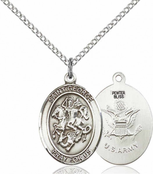 Women's Pewter Oval St. George Army Medal - 18&quot; Rhodium Plated Medium Chain + Clasp