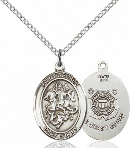 Women's Pewter Oval St. George Coast Guard Medal - 18&quot; Rhodium Plated Medium Chain + Clasp