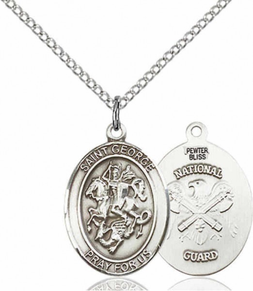 Women's Pewter Oval St. George National Guard Medal - 18&quot; Rhodium Plated Medium Chain + Clasp