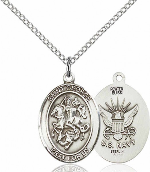 Women's Pewter Oval St. George Navy Medal - 18&quot; Rhodium Plated Medium Chain + Clasp