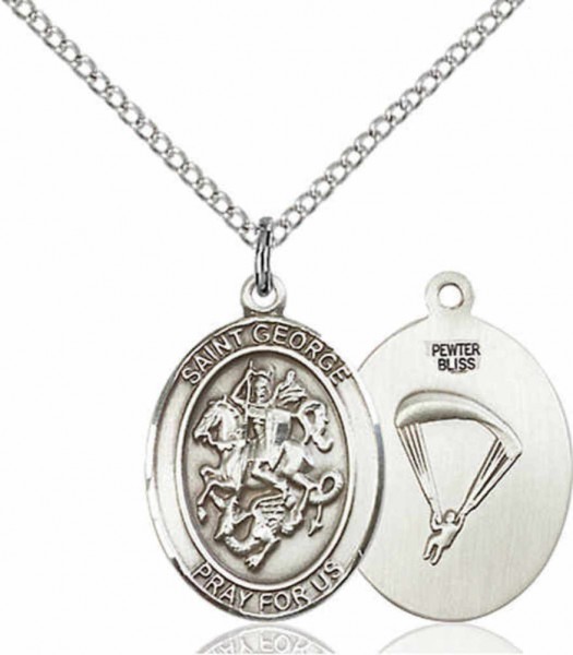 Women's Pewter Oval St. George Paratrooper Medal - 18&quot; Rhodium Plated Medium Chain + Clasp