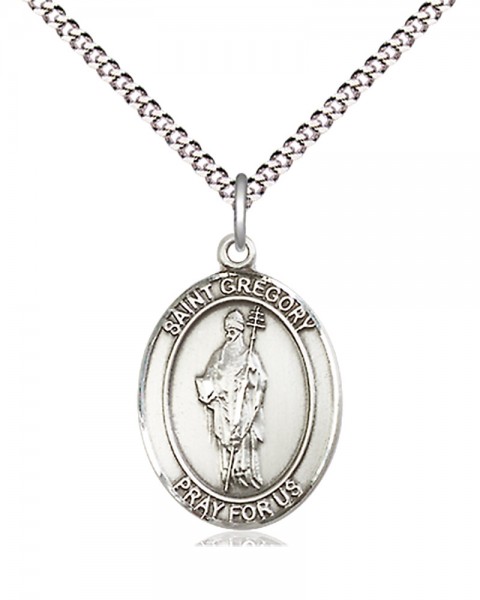 Women's Pewter Oval St. Gregory the Great Medal - 18&quot; Rhodium Plated Medium Chain + Clasp
