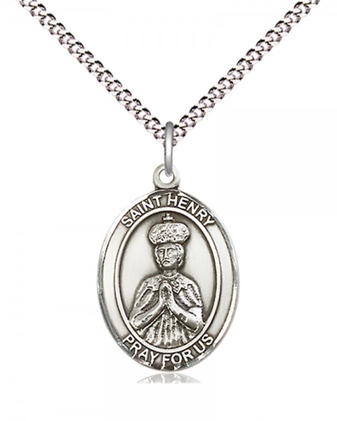Women's Pewter Oval St. Henry II Medal - 18&quot; Rhodium Plated Medium Chain + Clasp