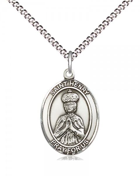 Women's Pewter Oval St. Henry II Medal - 18&quot; Rhodium Plated Heavy Chain + Clasp