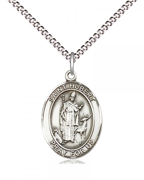 Women's Pewter Oval St. Hubert of Liege Medal - 18&quot; Rhodium Plated Medium Chain + Clasp