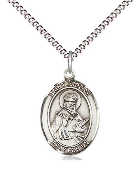 Women's Pewter Oval St. Isidore of Seville Medal - 18&quot; Rhodium Plated Medium Chain + Clasp