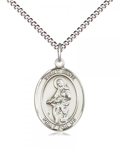 Women's Pewter Oval St. Jane of Valois Medal - 18&quot; Rhodium Plated Medium Chain + Clasp