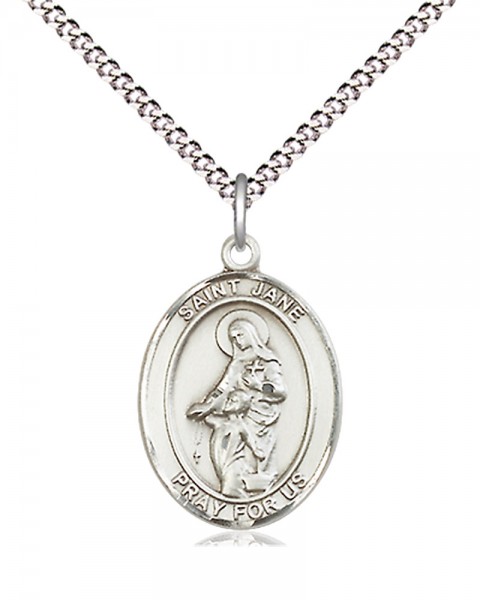 Women's Pewter Oval St. Jane of Valois Medal - 18&quot; Rhodium Plated Heavy Chain + Clasp