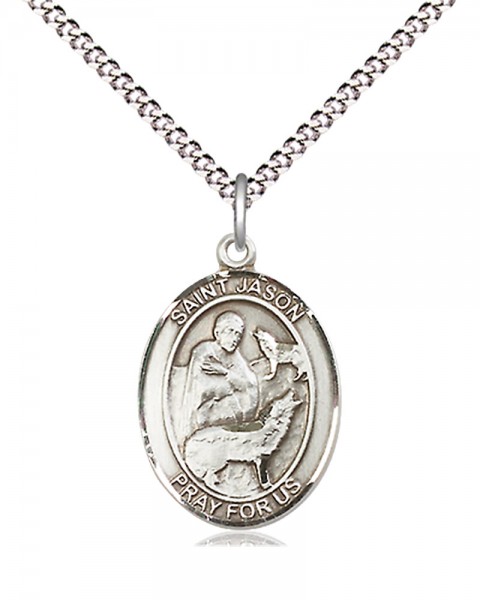 Women's Pewter Oval St. Jason Medal - 18&quot; Rhodium Plated Medium Chain + Clasp