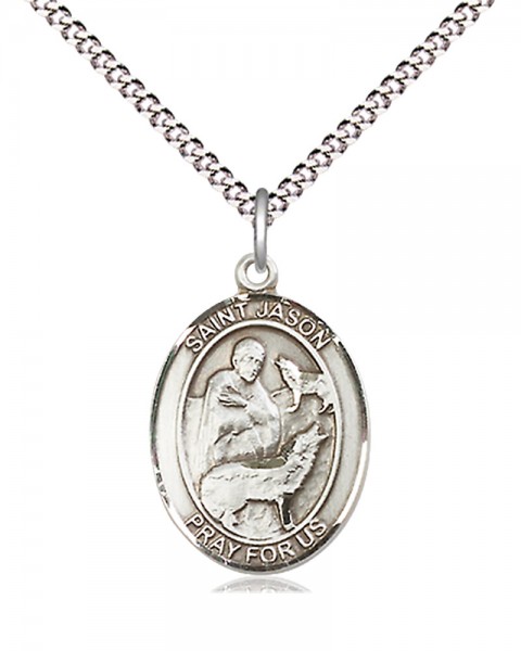 Women's Pewter Oval St. Jason Medal - 18&quot; Rhodium Plated Heavy Chain + Clasp