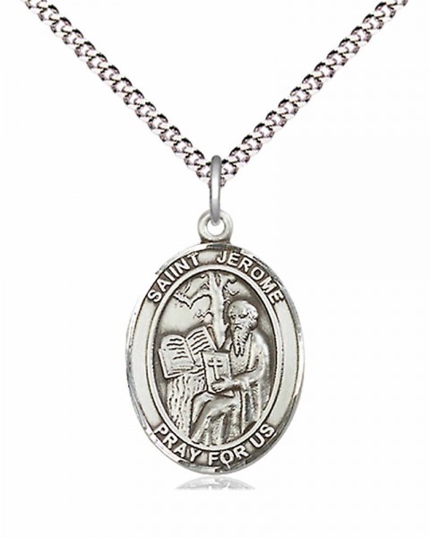 Women's Pewter Oval St. Jerome Medal - 18&quot; Rhodium Plated Medium Chain + Clasp