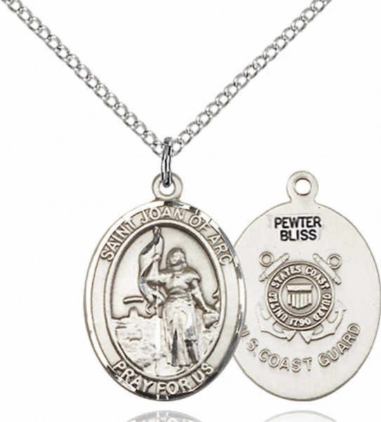 Women's Pewter Oval St. Joan of Arc  Coast Guard Medal - 18&quot; Rhodium Plated Medium Chain + Clasp