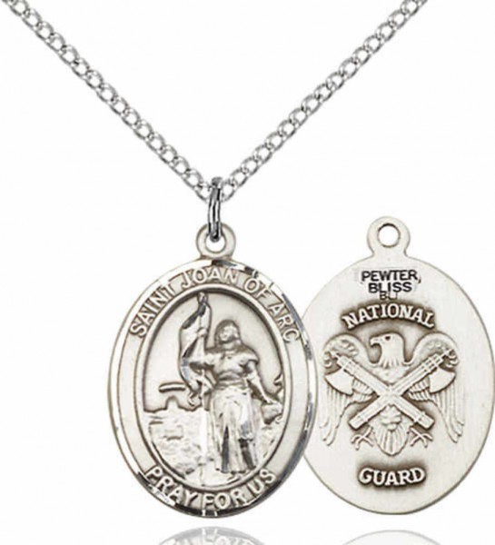Women's Pewter Oval St. Joan of Arc National Guard Medal - 18&quot; Rhodium Plated Medium Chain + Clasp