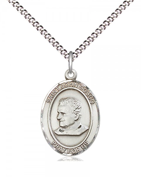 Women's Pewter Oval St. John Bosco Medal - 18&quot; Rhodium Plated Heavy Chain + Clasp