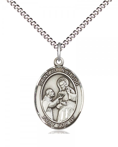 Women's Pewter Oval St. John of God Medal - 18&quot; Rhodium Plated Medium Chain + Clasp