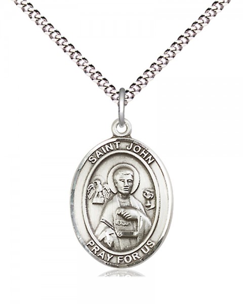 Women's Pewter Oval St. John the Apostle Medal - 18&quot; Rhodium Plated Medium Chain + Clasp