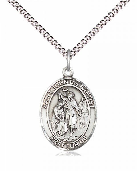Women's Pewter Oval St. John the Baptist Medal - 18&quot; Rhodium Plated Medium Chain + Clasp