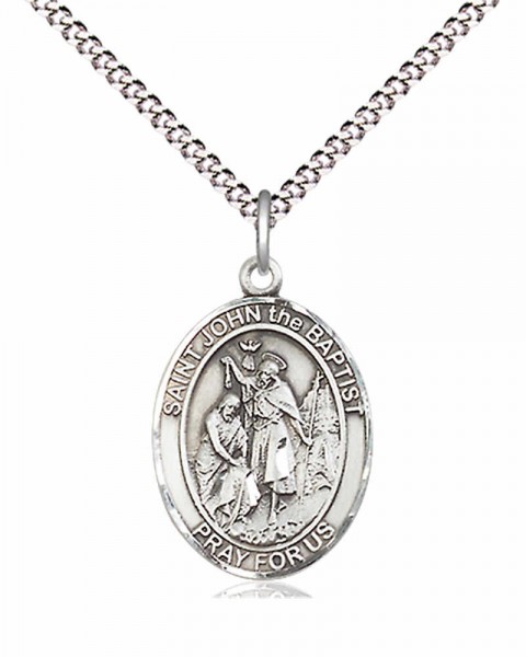 Women's Pewter Oval St. John the Baptist Medal - 18&quot; Rhodium Plated Heavy Chain + Clasp