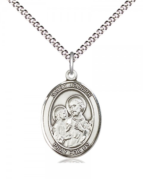 Women's Pewter Oval St. Joseph Medal - 18&quot; Rhodium Plated Medium Chain + Clasp