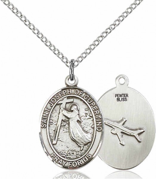 Women's Pewter Oval St. Joseph of Cupertino Medal - 18&quot; Rhodium Plated Medium Chain + Clasp