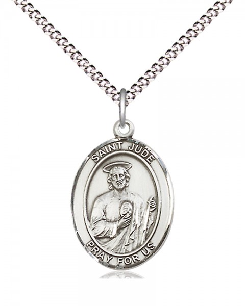 Women's Pewter Oval St. Jude Thaddeus Medal - 18&quot; Rhodium Plated Medium Chain + Clasp