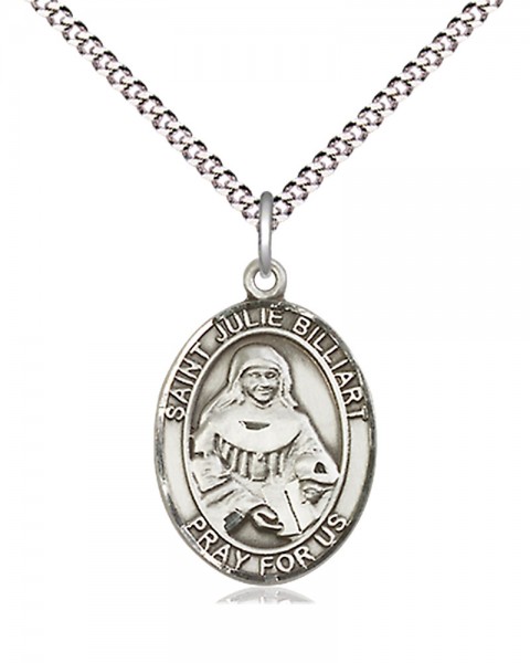 Women's Pewter Oval St. Julie Billiart Medal - 18&quot; Rhodium Plated Medium Chain + Clasp