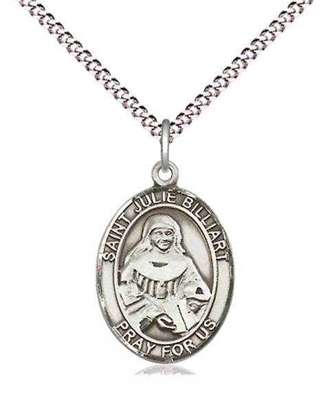 Women's Pewter Oval St. Julie Billiart Medal - 18&quot; Rhodium Plated Heavy Chain + Clasp