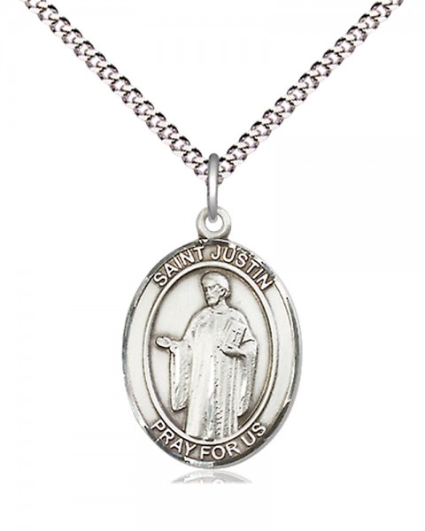 Women's Pewter Oval St. Justin Medal - 18&quot; Rhodium Plated Medium Chain + Clasp