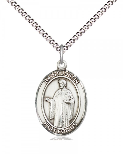 Women's Pewter Oval St. Justin Medal - 18&quot; Rhodium Plated Heavy Chain + Clasp
