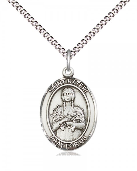 Women's Pewter Oval St. Kateri Medal - 18&quot; Rhodium Plated Medium Chain + Clasp