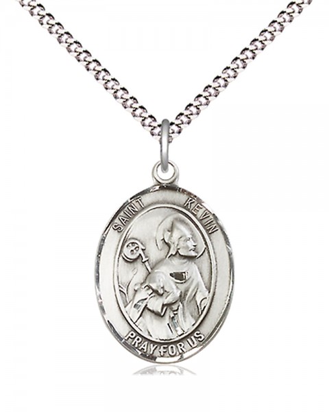 Women's Pewter Oval St. Kevin Medal - 18&quot; Rhodium Plated Medium Chain + Clasp