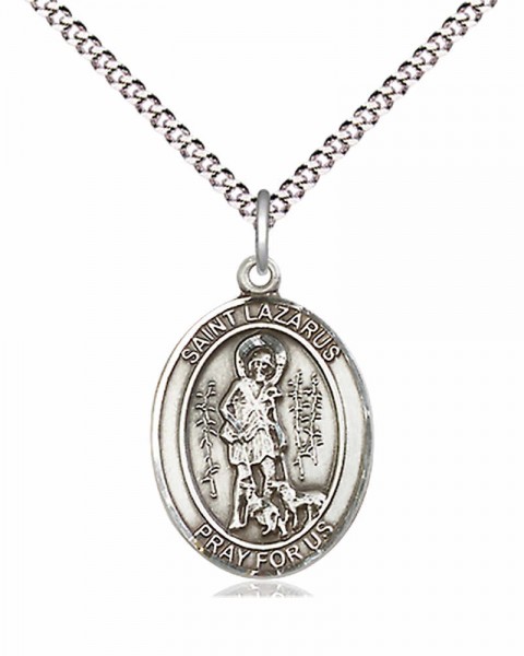 Women's Pewter Oval St. Lazarus Medal - 18&quot; Rhodium Plated Medium Chain + Clasp