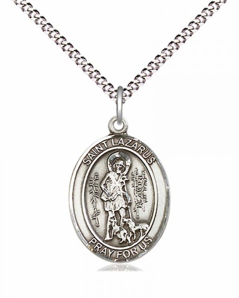 Women's Pewter Oval St. Lazarus Medal - 18&quot; Rhodium Plated Heavy Chain + Clasp