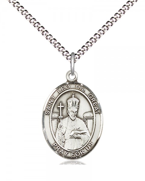 Women's Pewter Oval St. Leo the Great Medal - 18&quot; Rhodium Plated Medium Chain + Clasp