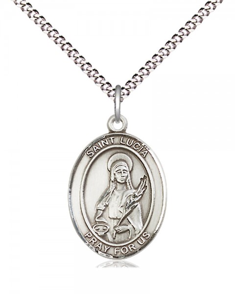 Women's Pewter Oval St. Lucia of Syracuse Medal - 18&quot; Rhodium Plated Heavy Chain + Clasp
