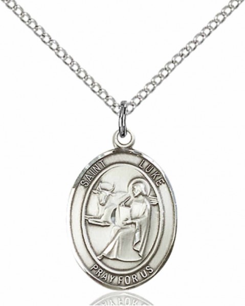 Women's Pewter Oval St. Luke the Apostle Medal - 18&quot; Rhodium Plated Heavy Chain + Clasp